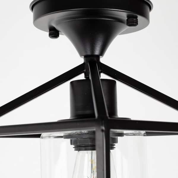 7 in. 1-Light Black Semi Flush Mount Ceiling Light,Farmhouse Retro Cage Kitchen Lighting Fixtures with Glass Shade