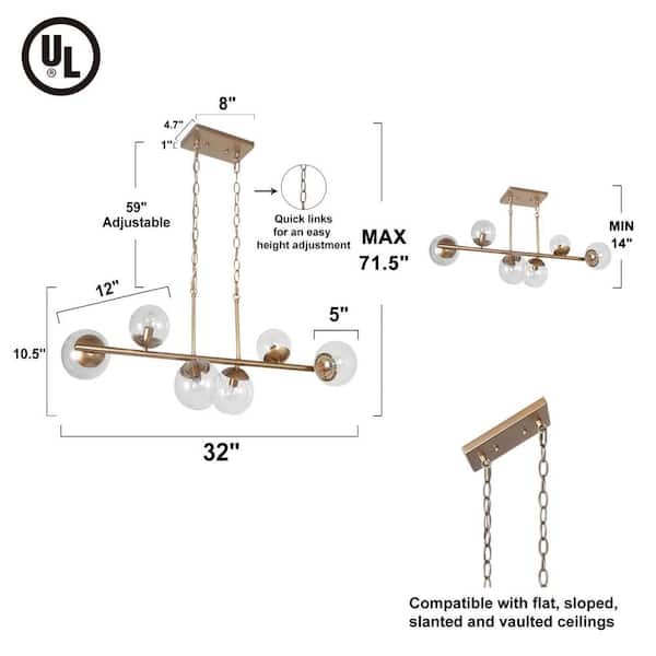 Modern Gold Dining Room Chandelier, 32 in. 6-Light Sputnik Island Linear Chandelier with Globe Glass Shades