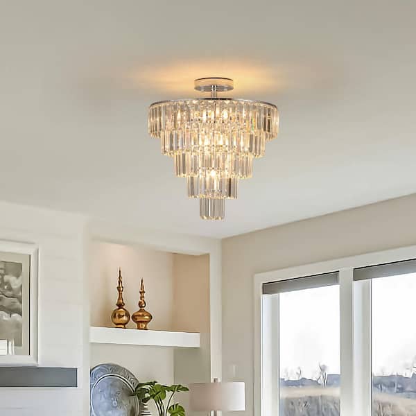 19.7 in. 10-Light Chrome Crystal Semi-Flush Mount Chandelier Light, 5-Tier Round Chandelier