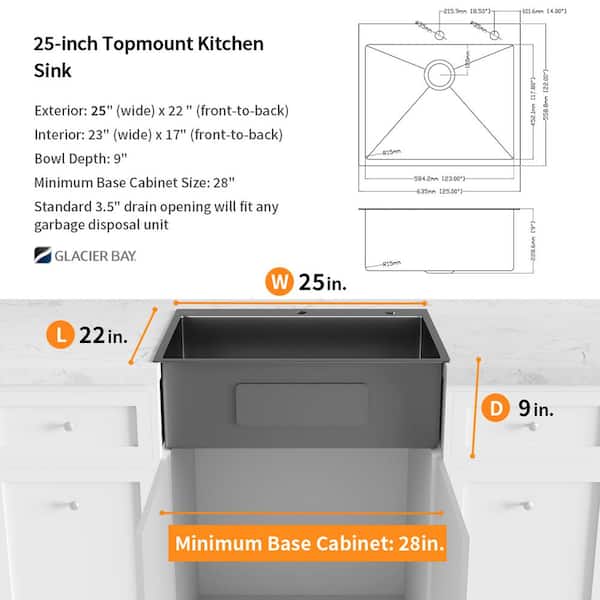 Gunmetal Black Stainless Steel 25 in. 18 Gauge Single Bowl Dual Mount Kitchen Sink with Black Spring Neck Faucet