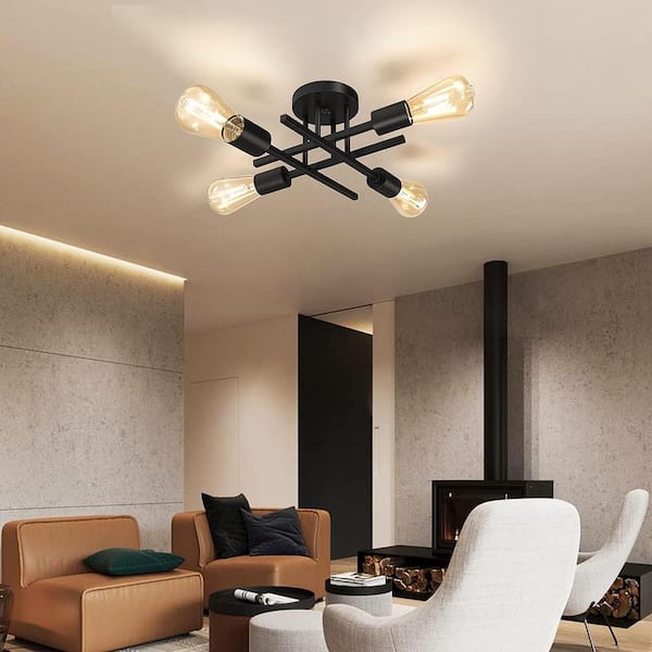 14 in. 4-Light Modern Sputnik Linear Black Metal Semi- Flush Mount Ceiling Lights Fixture Sputnik Chandelier Light