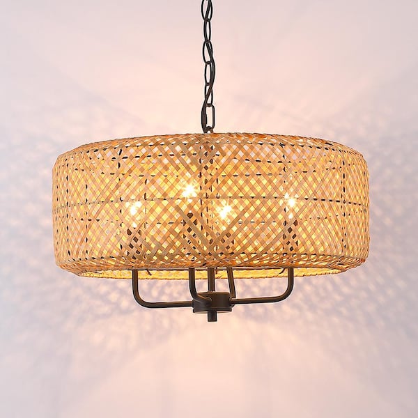 Bungalo 19.7 in. 4-Light Black/Wheat Bohemian Drum Chandelier with Natural Bamboo Shade