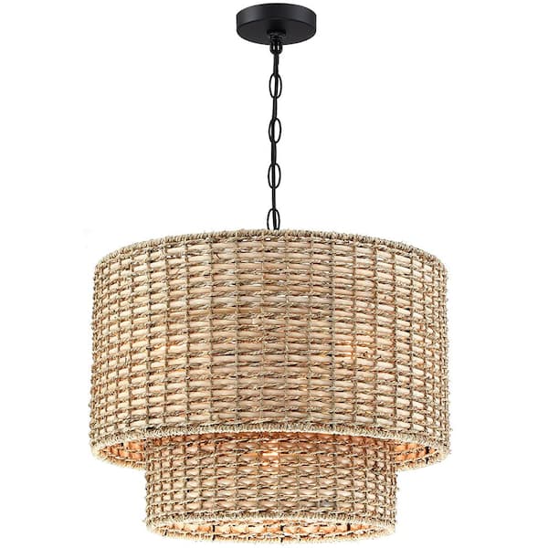Seymour 20 in. 4-Light Black Canopy Natural Rattan Tiered Drum Pendant Chandelier Light