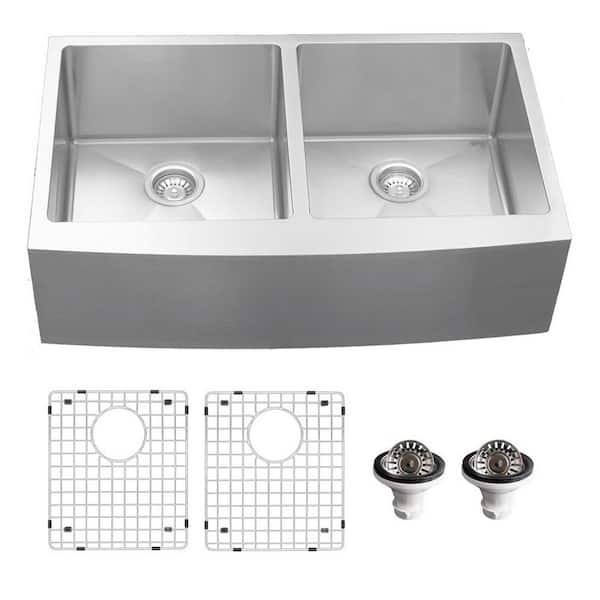 16-Gauge Stainless Steel 36 in. Double Bowl Farmhouse Apron Kitchen Sink with Grid and Basket Strainer
