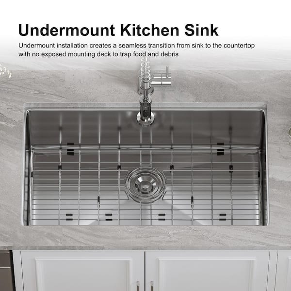32 in. 16-Gauge Undermount Single Bowl Stainless Steel Kitchen Sink with Bottom Grid, Basket Strainer, Cutout Template