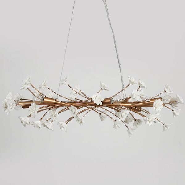 Modern Gold Bedroom Kitchen Chandelier Light, 32 in. 6-Light Linear Dining Room Hanging Light with White Ceramic Flowers