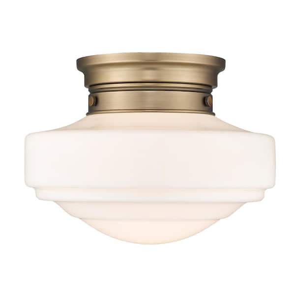 Ingalls 12.0 in. 1-Light Modern Brass Vintage Milk Glass Semi-Flush Mount