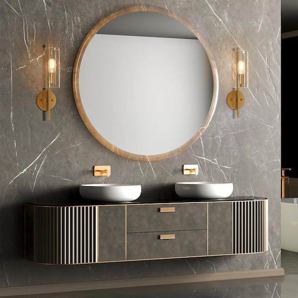 17 in H. Modern Cylinder Powder Room Wall Sconce 1-Light Large Brass Gold Bathroom Single Light with Seeded Glass Shade