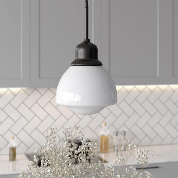 Brooks 1-Light Blackened Bronze Pendant with White Milk Glass Shade