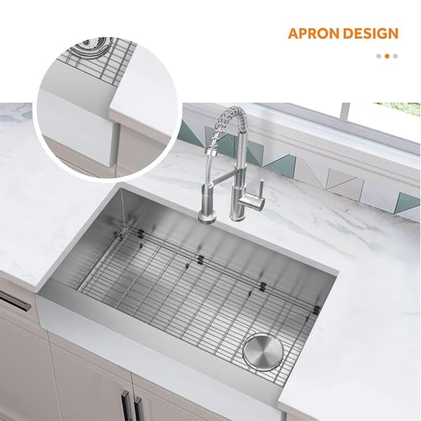 All-in-One Zero Radius Farmhouse/Apron-Front 16G Stainless Steel 33 in. Single Bowl Kitchen Sink with Spring Neck Faucet