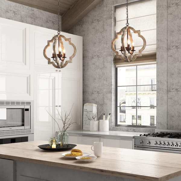 3-Light Bronze Modern Farmhouse Kitchen Island Chandelier Light Distressed Wood Hall-Foyer Open Cage Pendant Light