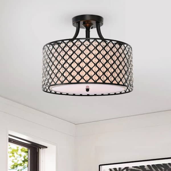 Belle 15 in. 3-Light Glam Antique Black Semi-Flush Mount with Crystal Beaded Drum Shade