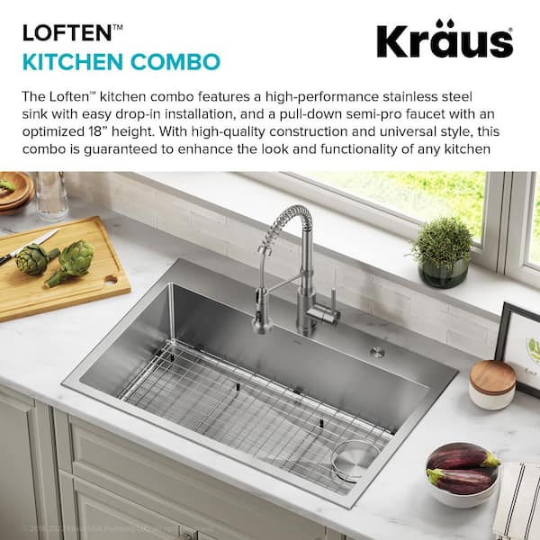 Loften All in One 33 in. Drop In/Undermount Single Bowl 18-Gauge Stainless Steel Kitchen Sink with Pull Down Faucet
