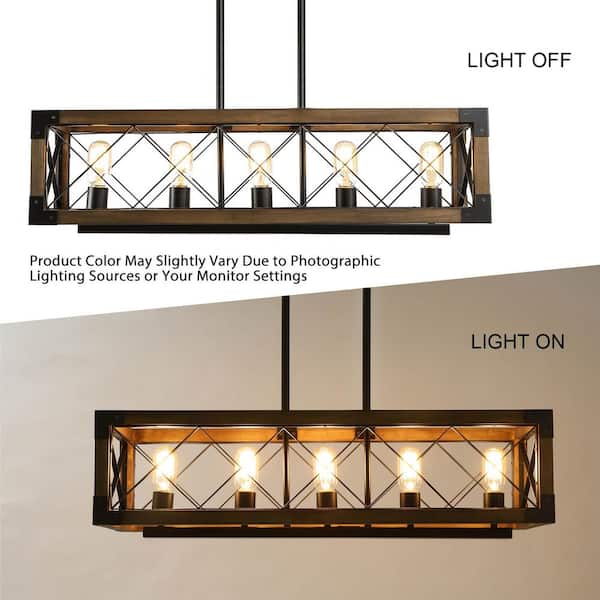 Wood Kitchen Chandelier 5-Light Linear Farmhouse Black Island Dining Room Chandelier Pendant with Rustic Rectangle Frame