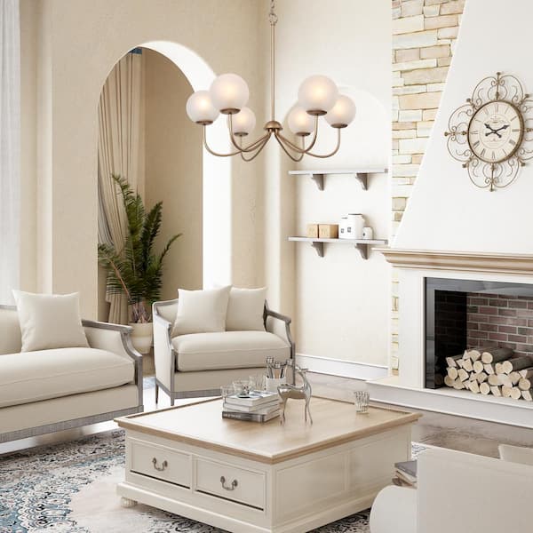 Modern Deep Gold 6-Light Chandelier 27 in. Classic Globe Candlestick Frosted Glass Shades High Ceiling Light