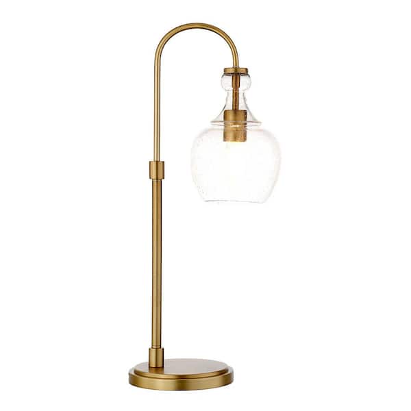 Verona 27 in. Brushed Brass Arc Table Lamp with Seeded Glass Shade