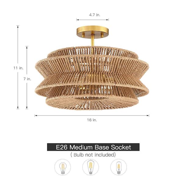 Silvia 16 in. 2-Light Bohemian Woven Rope Semi-Flush Mount Ceiling Light