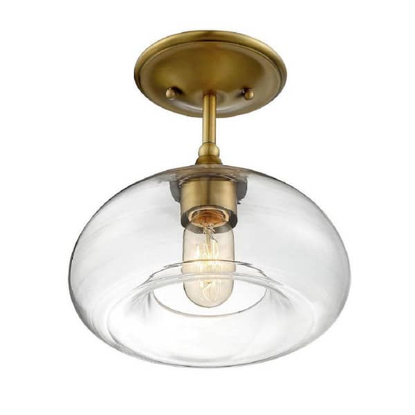 Meridian 10.75 in. W x 10.5 in. H 1-Light Natural Brass Semi-Flush Mount Ceiling Light with Clear Glass Shade