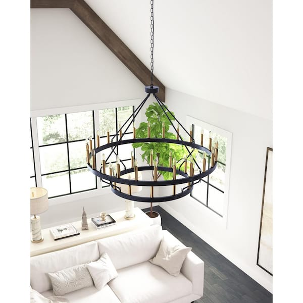36-Light Black 2-Tiers Candle Style Wagon Wheel Chandelier