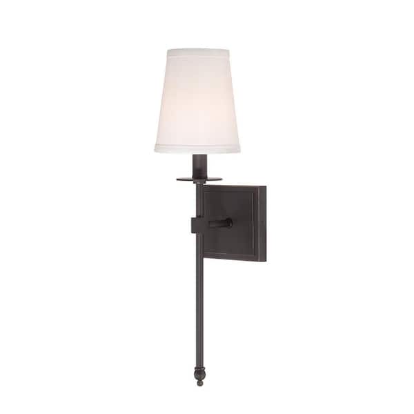 Monroe 5 in. W x 20 in. H 1-Light Classic Bronze Wall Sconce with White Fabric Shade