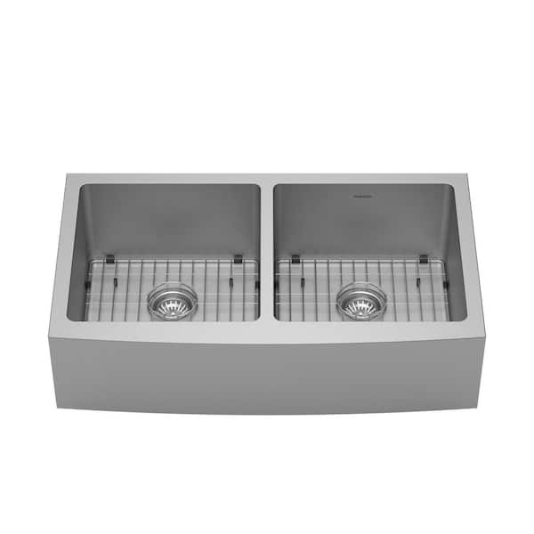 16-Gauge Stainless Steel 36 in. Double Bowl Farmhouse Apron Kitchen Sink with Grid and Basket Strainer