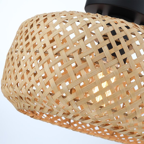 Bungalo 12 in. 1-Light Black/Wheat Bohemian Bamboo Semi-Flush Mount Light with Black Hardware