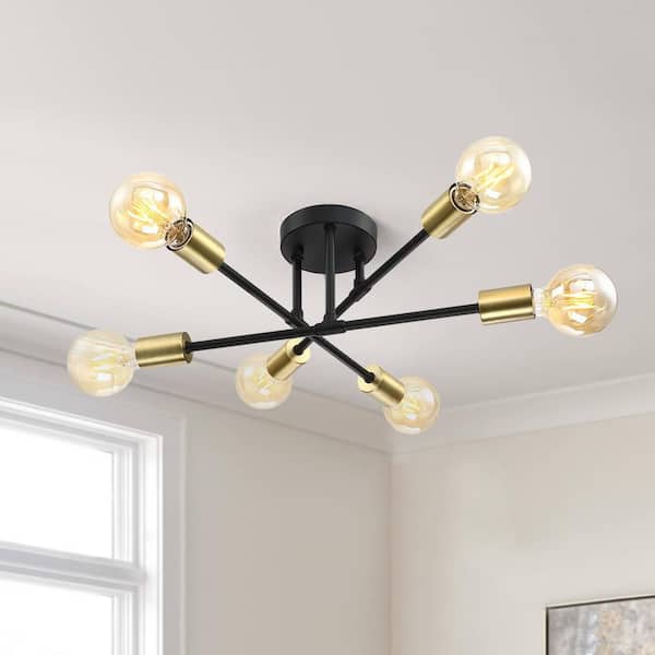 Trident 25.5 in. 6-Light Black and Gold Sputnik Semi Flush Mount Ceiling Light
