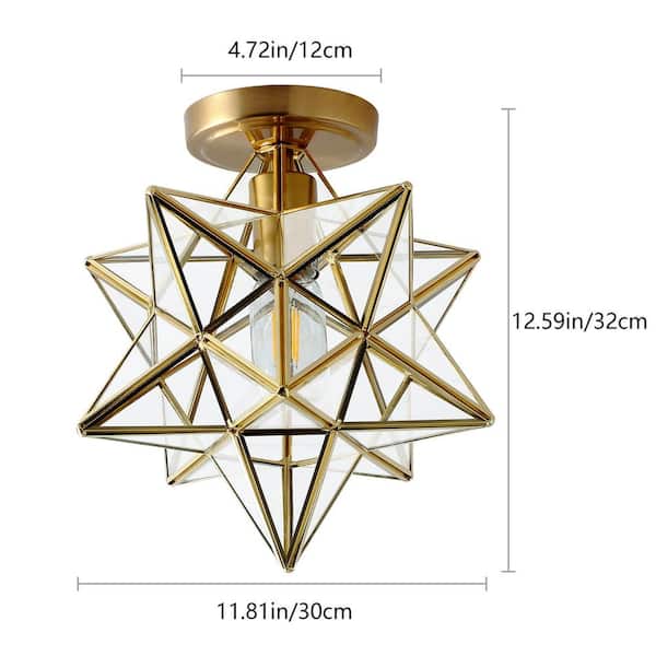 12 in. 1-Light Gold Geometric Moravian Star Semi-Flush Mount with Glass Shade