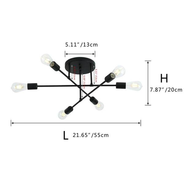 21.6 in. 6-Light Black Sputnik Modern Linear Semi Flush Mount