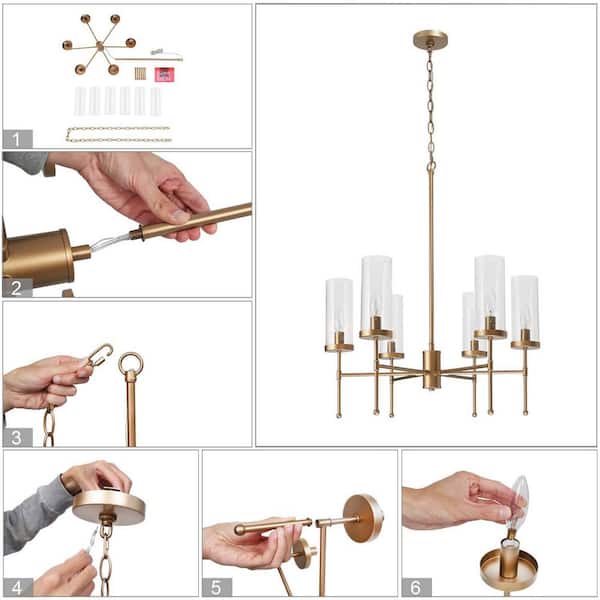 Modern Satin Gold Island Chandelier 6-Light Transitional Candlestick Linear Chandelier with Seeded Glass Shades
