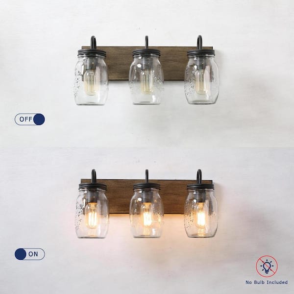 Farmhouse Bathroom Vanity Light 3-Light Black Powder Room Wall Sconce with Brown Faux Wood Accent Clear Mason Jar Shades