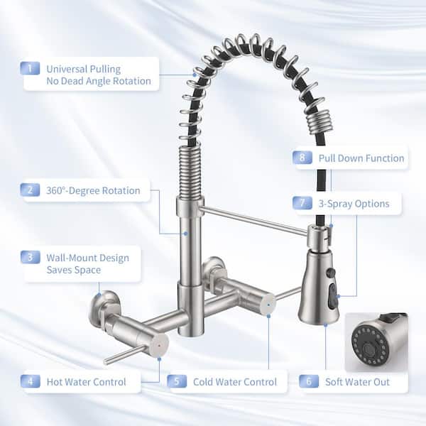 Double-Handle Wall Mounted Bridge Kitchen Faucet with Pull-Down Sprayer Head in Brushed Nickel