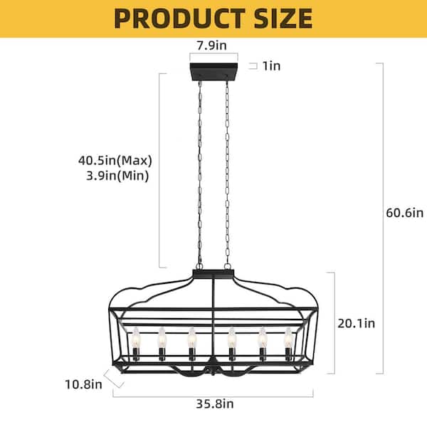 6-Light Black Farmhouse Linear Island Hanging Chandelier Industrial Lighting for Kitchen, Dining Room