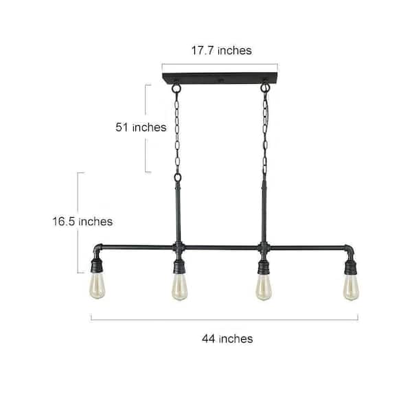 Black Island Chandelier, Industrial 4-Light Linear Matte Black Pipe Chandelier Kitchen Hanging Pendant Light