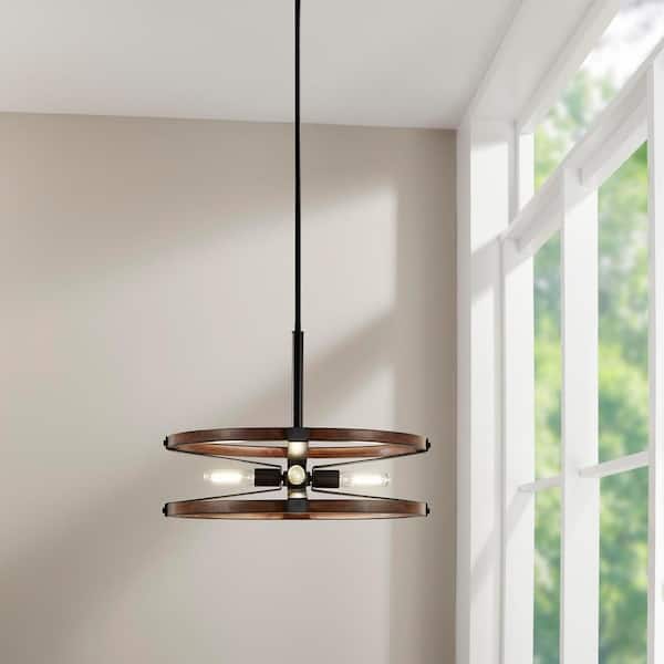Rockland 60-Watt 4-Light Matte Black Pendant with Painted Wood Accent Shade