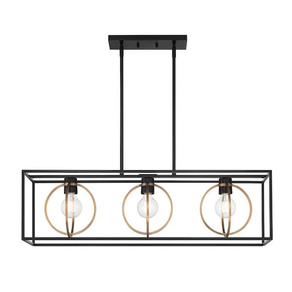 Kew Gardens 60-Watt 3-Light Matte Black and Old Satin Brass Linear Pendant