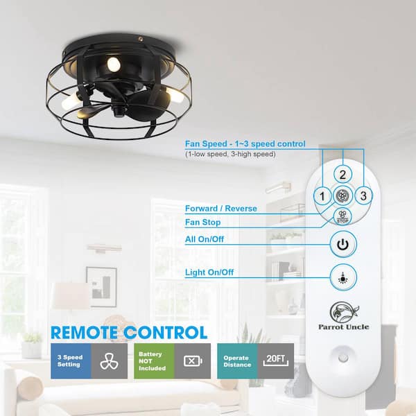 12.2 in. Modern Caged Flush Mount Black Ceiling Fan with Light and Remote Control