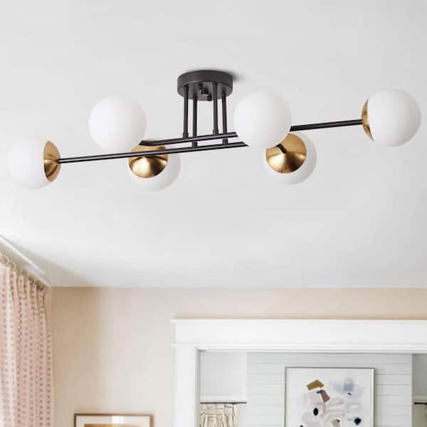 35.4 in. 6-Light Black Modern Sputnik Semi-Flush Mount Ceiling Light Fixture with Glass Shades