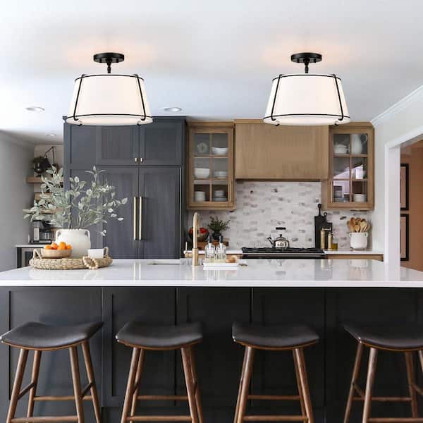 Celina 15 in. 2-Light White Fabric Semi-Flush Mount Light With Black Hardware