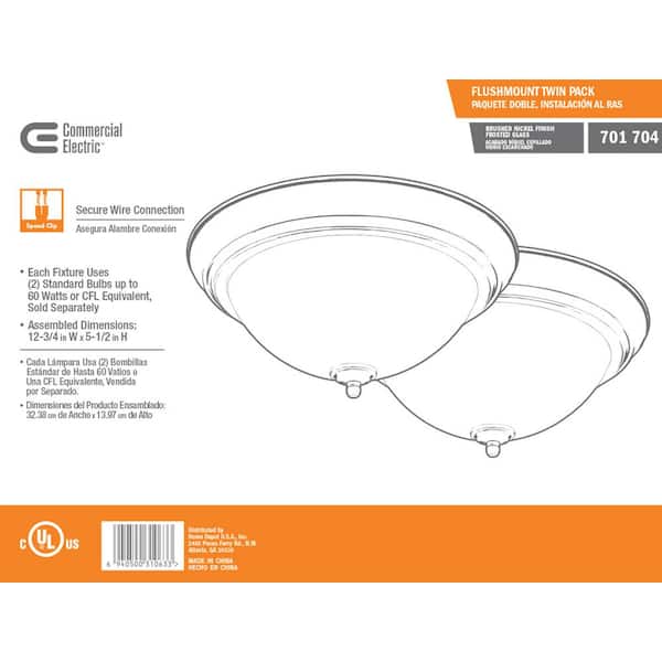 13 in. 2-Light Brushed Nickel Flush Mount with Frosted Glass Shade (2-Pack)