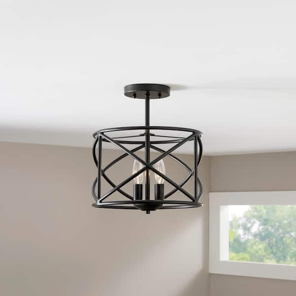 Hastings 13.5 in. 2-Light Satin Bronze Industrial Caged Drum Ceiling Semi Flush Mount Light