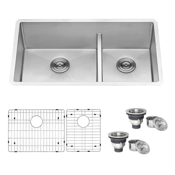 33 in. Low-Divide Double Bowl 60/40 Undermount Tight Radius 16-Gauge Stainless Steel Kitchen Sink