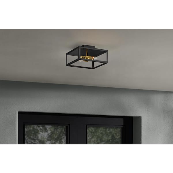 Marion 12 in. 2-Light Black Outdoor Flush Mount Ceiling Light with Clear Glass Shade