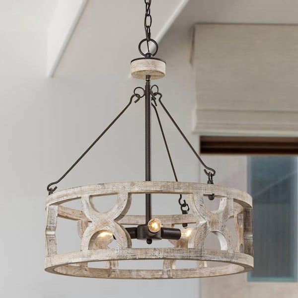 Farmhouse 3-Light Distressed White Wood Drum Chandelier Dining Room Pendant Lighting