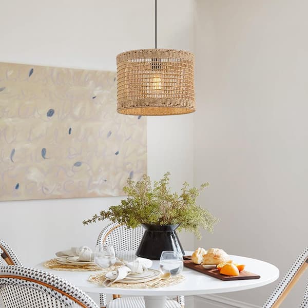 Bohe 13.8 in. 1-Light Black Bohemian Island Pendant with Natural Rattan Shade