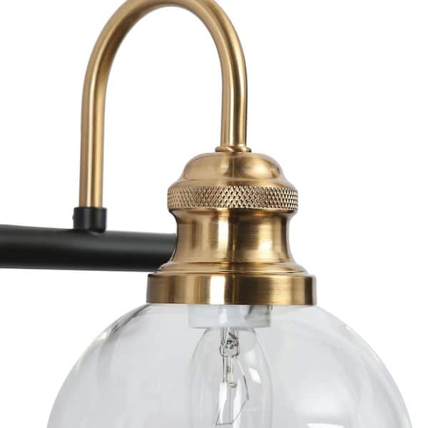 14.5 in. 2-Light Brass Gold Bathroom Vanity Light, Globe Clear Glass Bath Lighting, Black Modern Wall Sconce