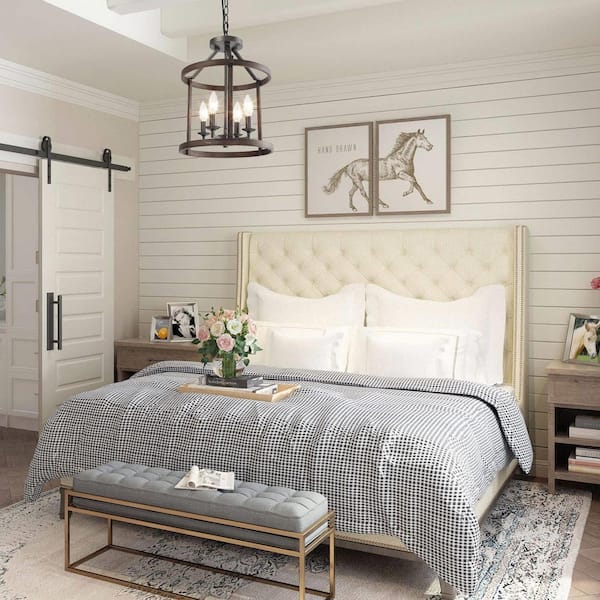 Cordelia 4-Light Dark Wood Grain Candlestick Chandelier with Cage Shade and Rusty Black Candlestick Lights