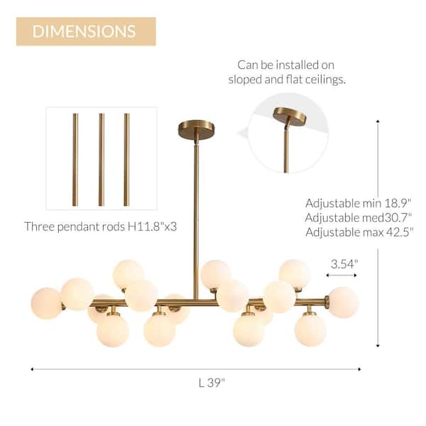 42 in. 16-Light Mid-Central Gold Chandelier Modern Kitchen Island Rectangle Linear Dining Room Light Fixture