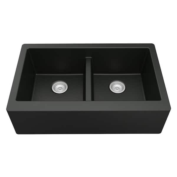 Farmhouse Apron Front Quartz Composite 34 in. Double Bowl Kitchen Sink in Black