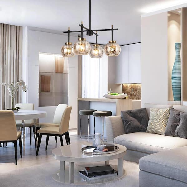 21 in. 4-Light Brass Island Pendant Light, Modern Farmhouse Black Sputnik Dining Room Chandelier with Mercury Glass